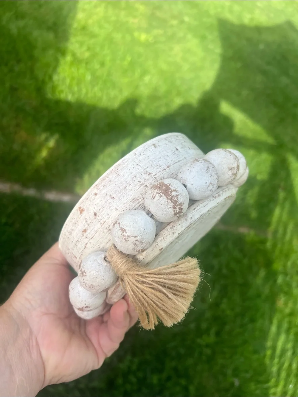 white distressed ceramic Beadzie™ clay bowl vessel wrapped with farmhouse-style